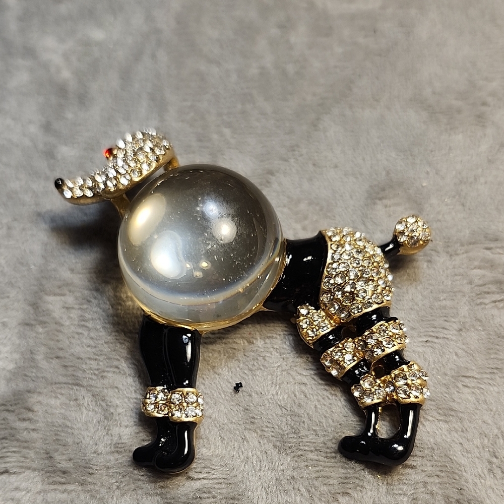 Crystal Poodle Brooch - Black and Gold Rhinestone Accent